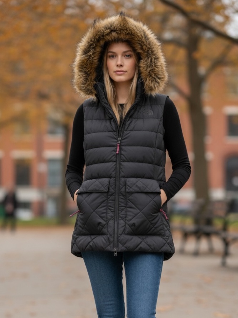 The North Face Black Quilted Hooded Puffer Vest with Faux Fur Trim